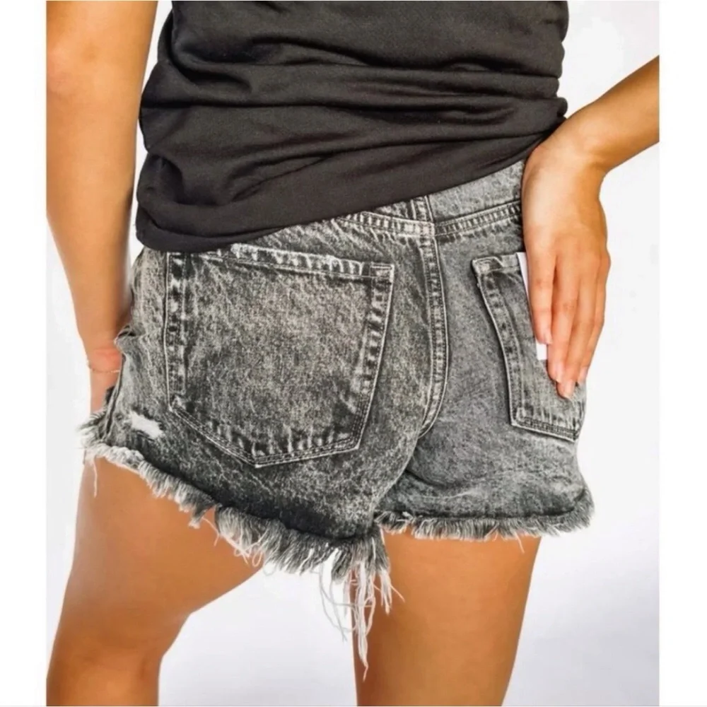 Vervet Med High Rise Crossover Denim Shorts Black Acid Wash Women’s Distressed